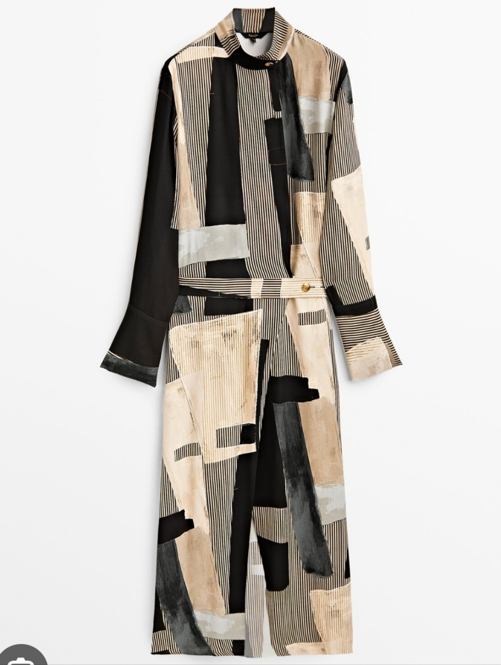 Massimo Dutti Long Sleeve Abstract Wrap Dress — Black, Cream, Green, Size 2